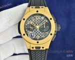 High Quality Replica HUBLOT BIG BANG 20TH ANNIVERSARY Black Imported Fluororubber Strap Black Checkered Face Dial Gold Case Watch 43mm